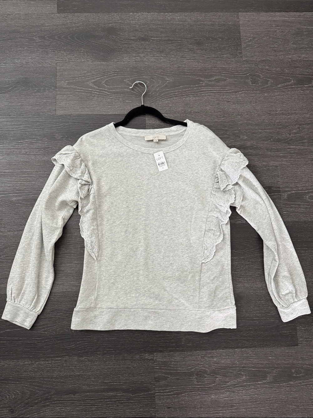 LOFT Heather Gray Ruffle-Trim Crewneck Sweatshirt